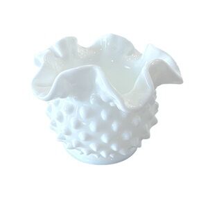 Milk Glass Small Round Vase MCM Fenton style Hobnail 3" Double Crimped Edge